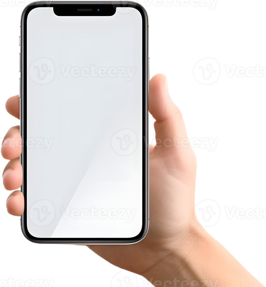 hand holding a white smartphone with blank screen on a transparent background png