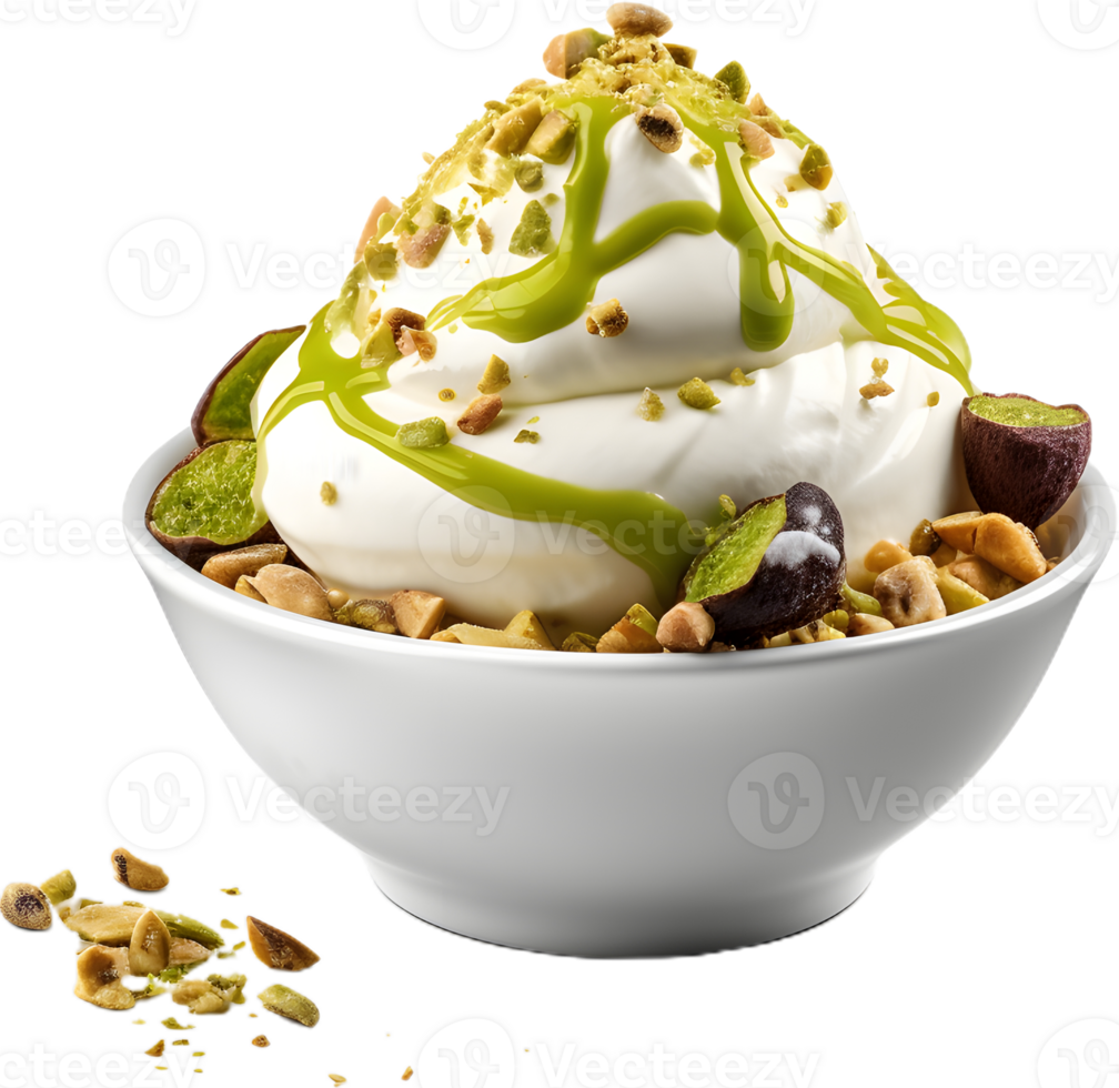 green ice cream with nuts and almonds in a cup png