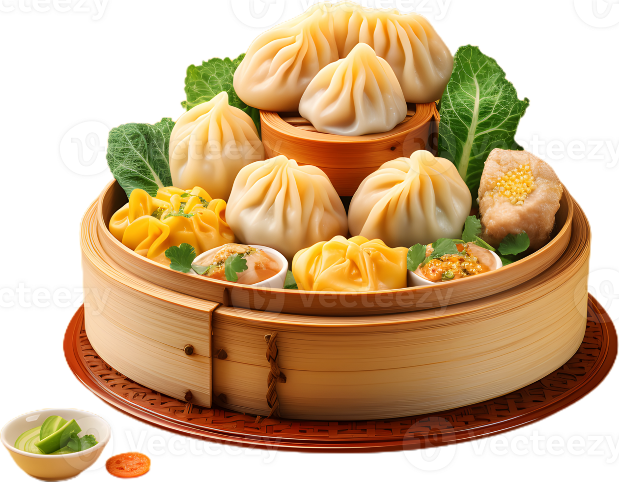 dumplings in a wooden container with vegetables png