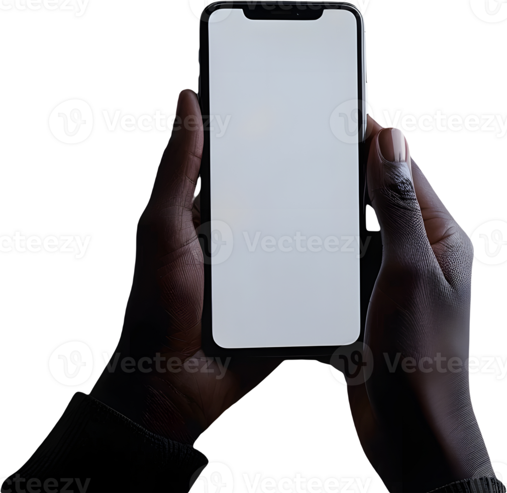 a person holding a white blank smartphone on a transparent background png