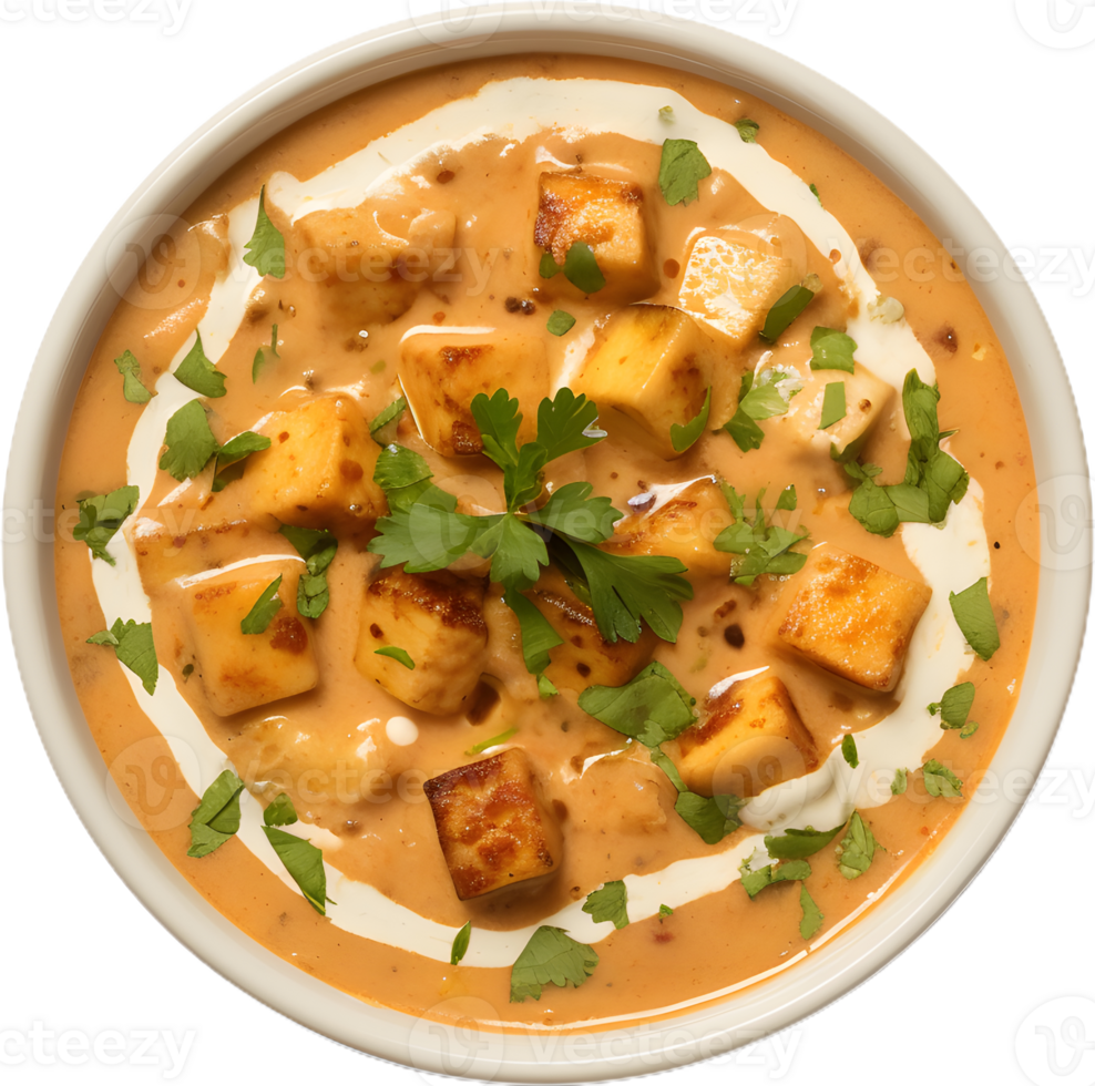 tofu curry in a bowl with yogurt sauce and cilantro png