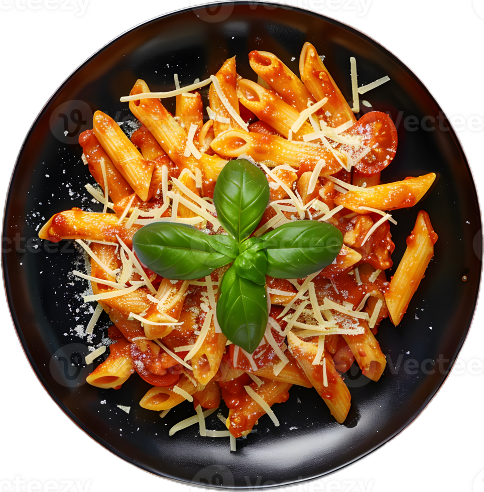 penne pasta with tomato sauce and basil on a black plate png