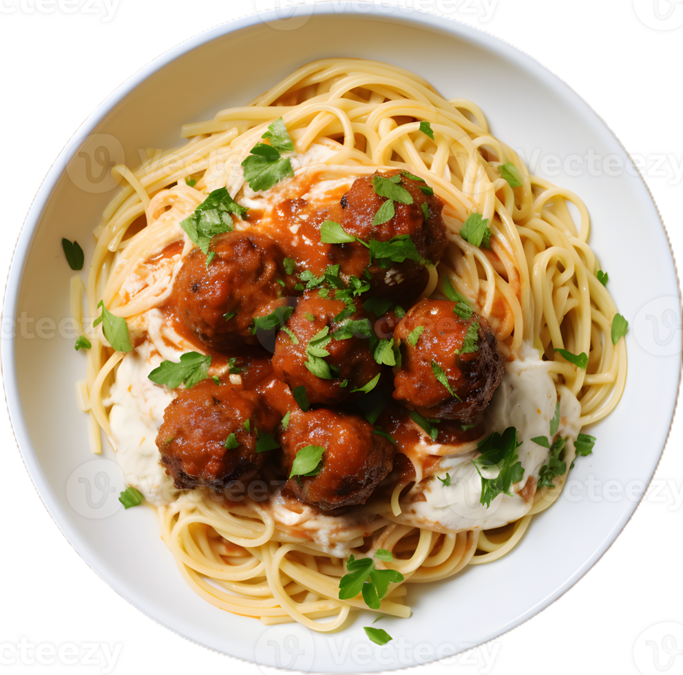 spaghetti with meatballs and sauce on a white plate png