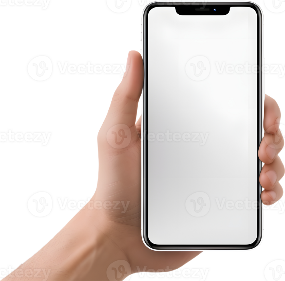 hand holding a white smartphone with blank screen on a transparent background png