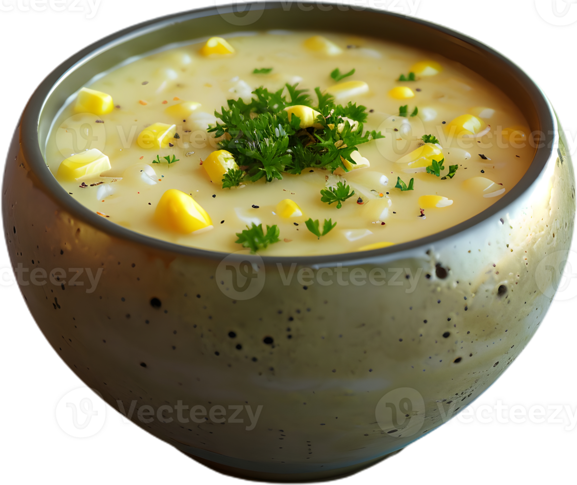corn soup in a yellow bowl with parsley on it png