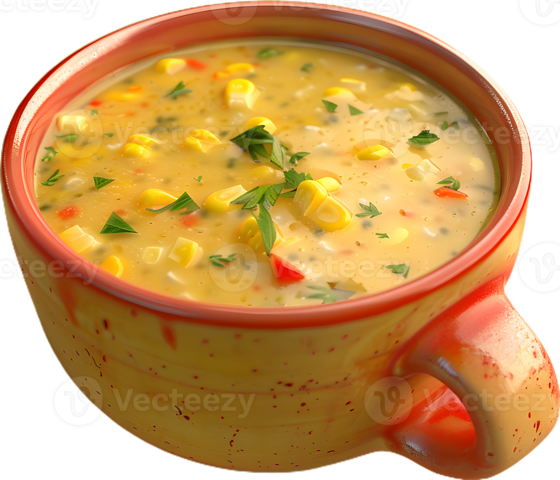 corn soup in a yellow bowl with parsley on it png