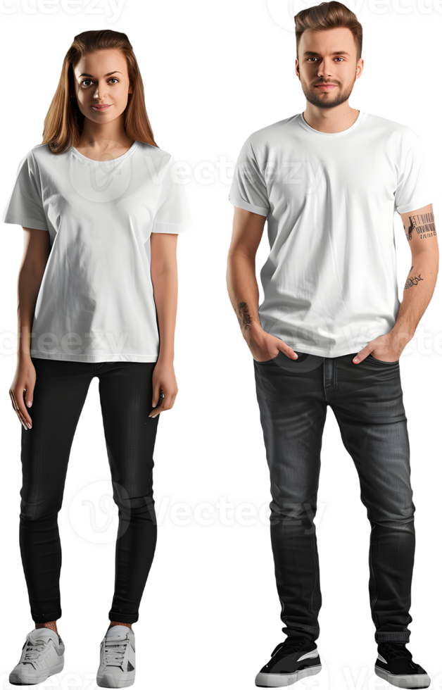 two people standing in front of a white t - shirt png