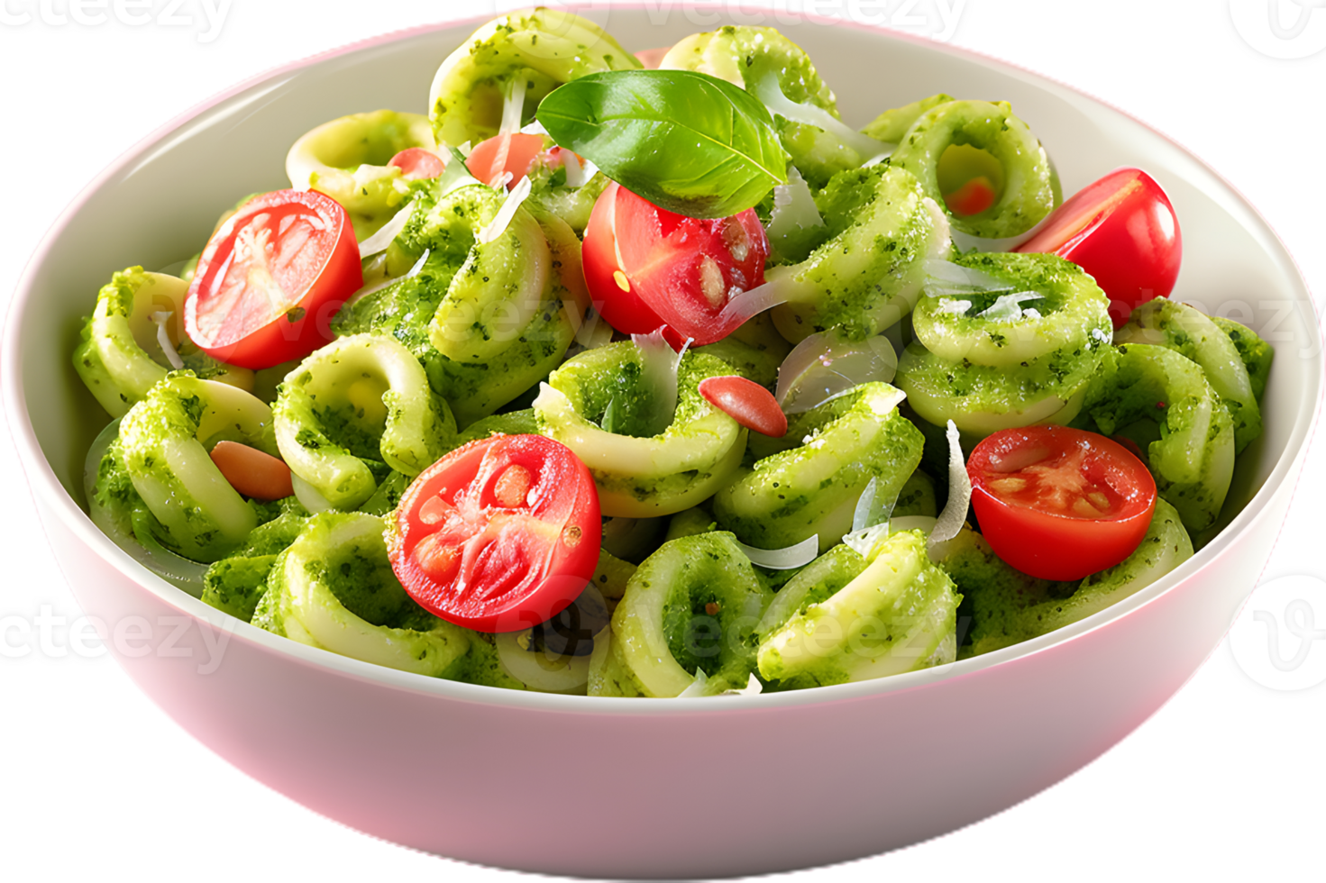 pasta with pesto sauce and tomatoes on a white background png
