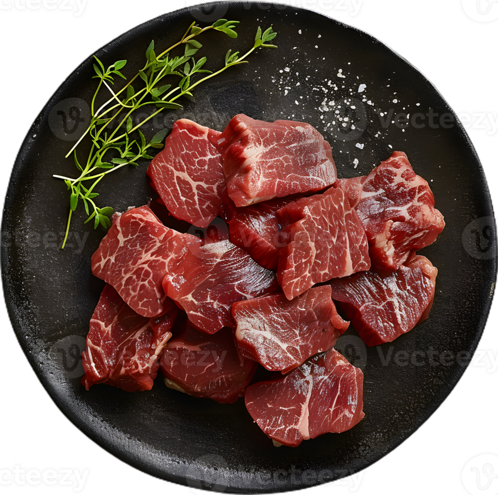raw beef in a black plate on a transparent background png