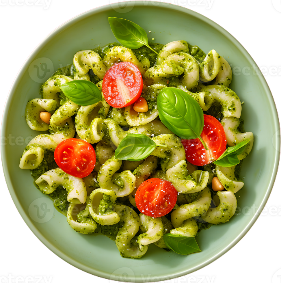pasta with pesto sauce and tomatoes on a white background png