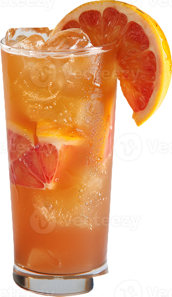a glass of orange juice with a slice of grapefruit png