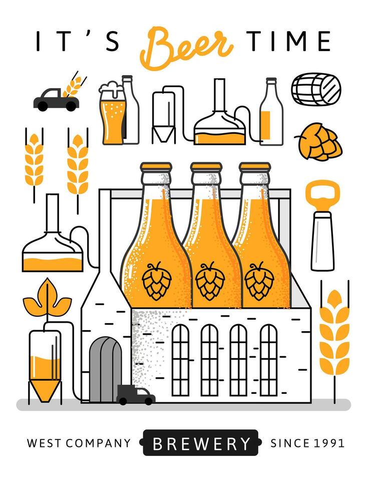 Beer box icon poster. Bottles line vector
