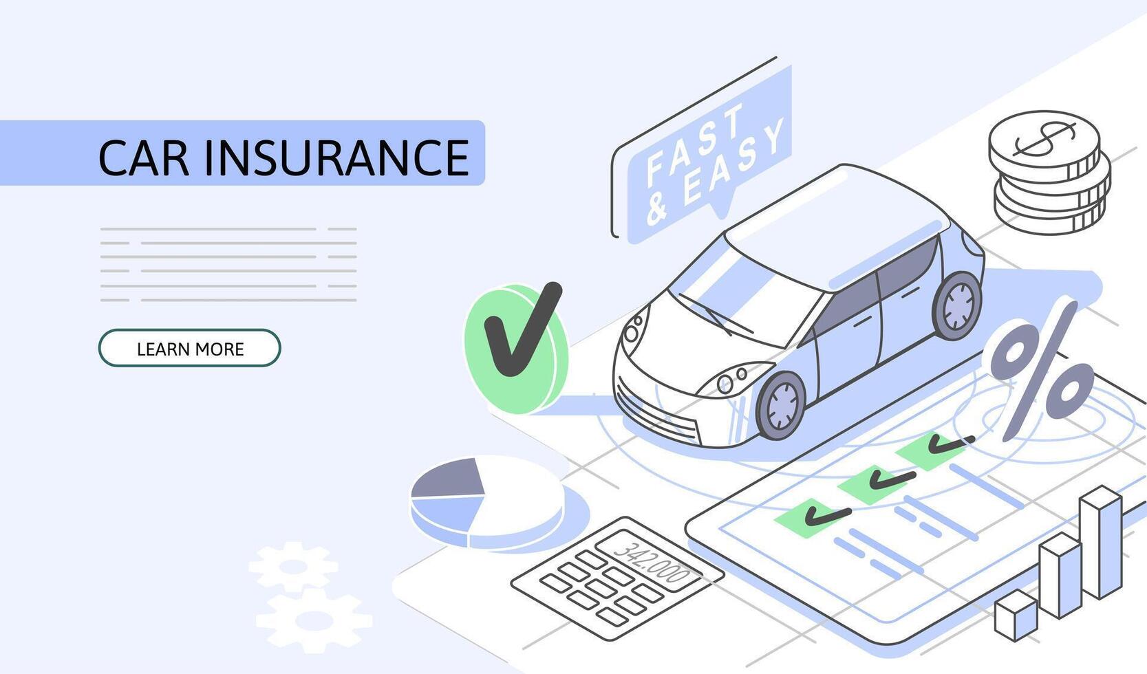 Car Insurance Isometric Concept. Use for web banner, infographics. Flat illustration editable line. vector