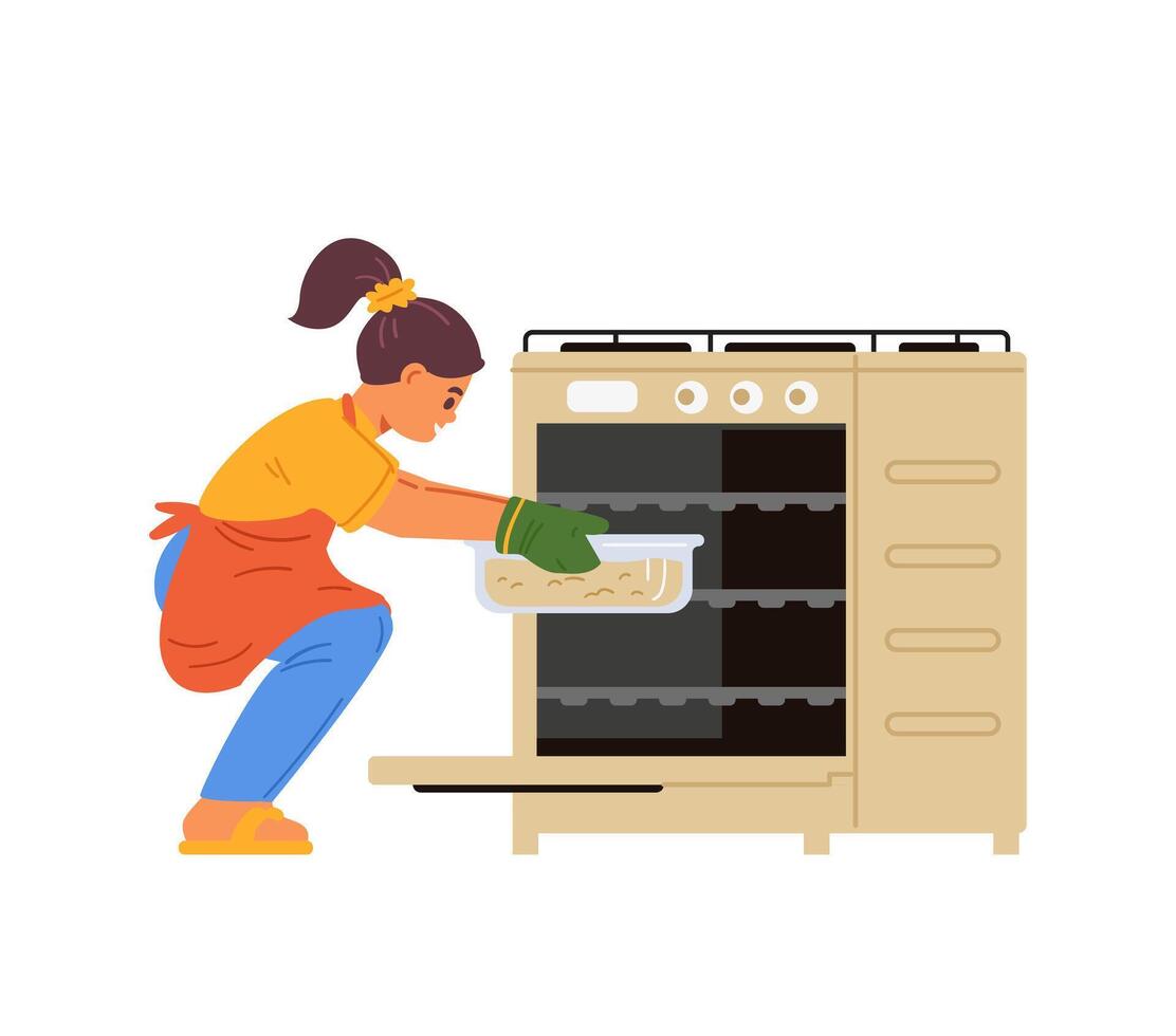 Girl in apron putting a bakery pan in a gas stove flat illustration isolated on white. Kid cooking. vector