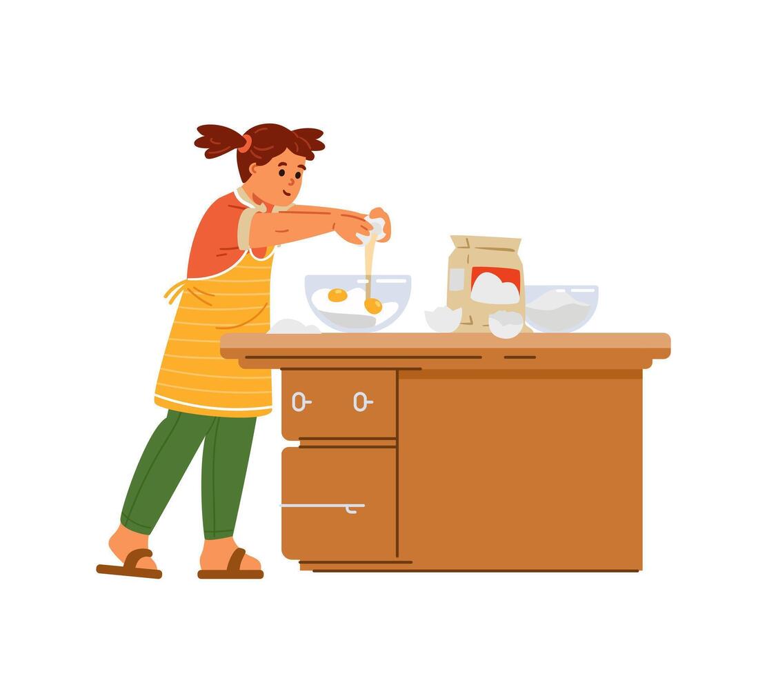 Cute little girl breaking eggs to make a dough flat illustration isolated on white. vector