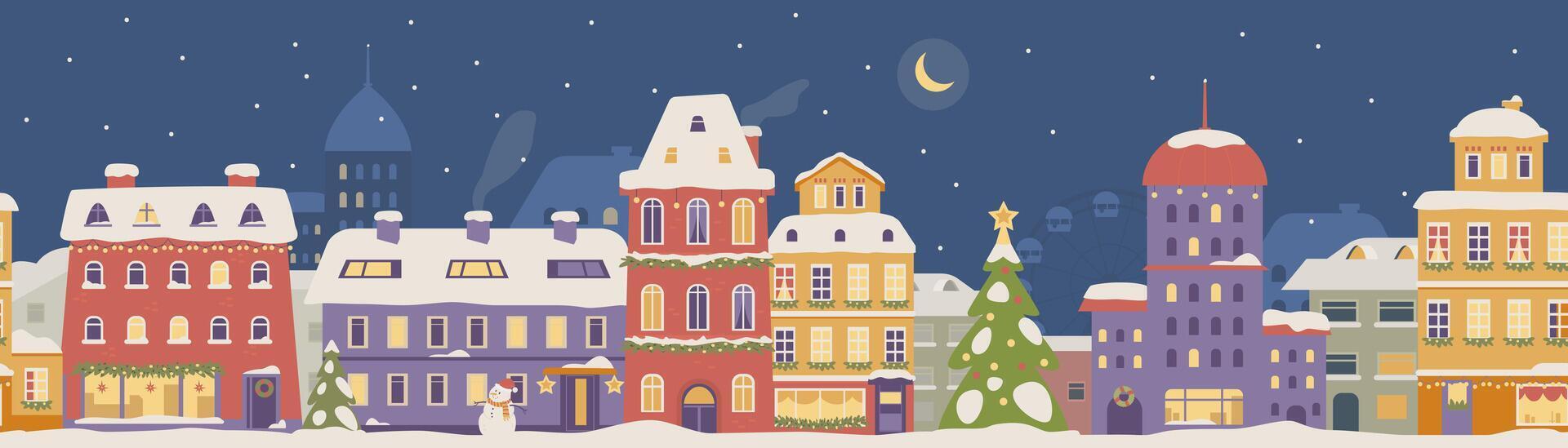 Christmas night city street with decorated cute houses seamless border. vector