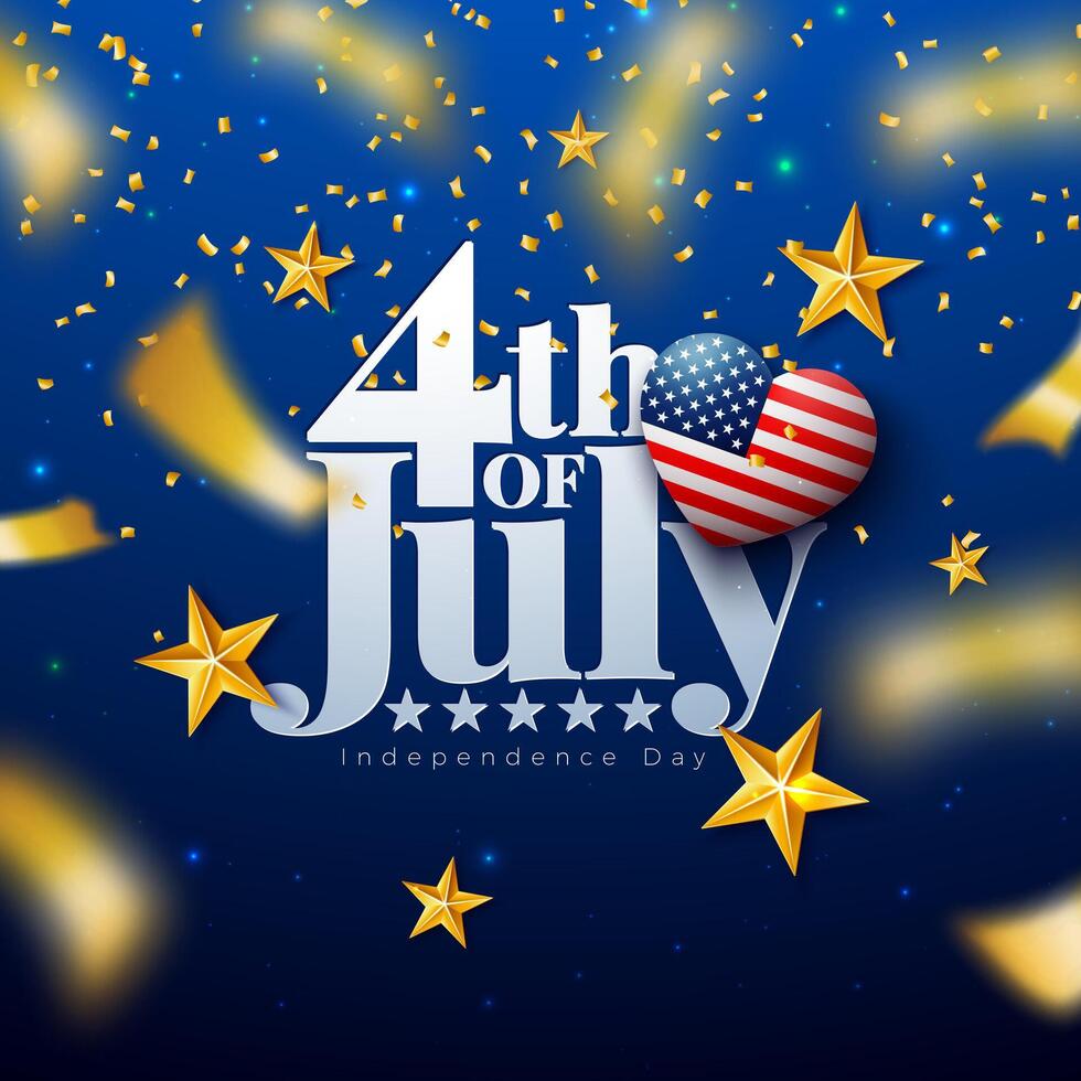 4th of July Independence Day of the USA Illustration with American Flag Pattern Heart, Gold Star and Falling Confetti on Blue Background. Fourth of July National Celebration Design with vector