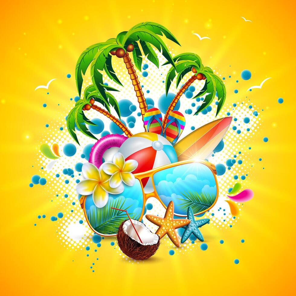 Summer Time Holiday Illustration on Sky Blue Background. Tropical Plants, Flower, Beach Ball, Surf Board, Coconut and Sunglasses with Palm Tree. Vacation Design Template for Banner, Flyer vector
