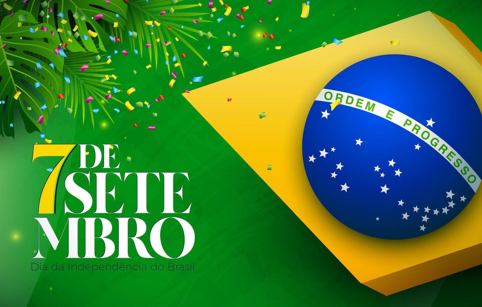 Brazil Independence Day Illustration with Brazilian Flag, Tropical Leaves and Typography Lettering on Green Background. 7th September National Celebration Design for Banner, Greeting Card vector
