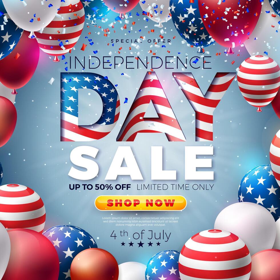 4th of July Independence Day Sale Banner Design with American Flag in Text Label and Party Balloon on Blue Background. Fourth of July USA National Holiday Illustration with Special Offer vector