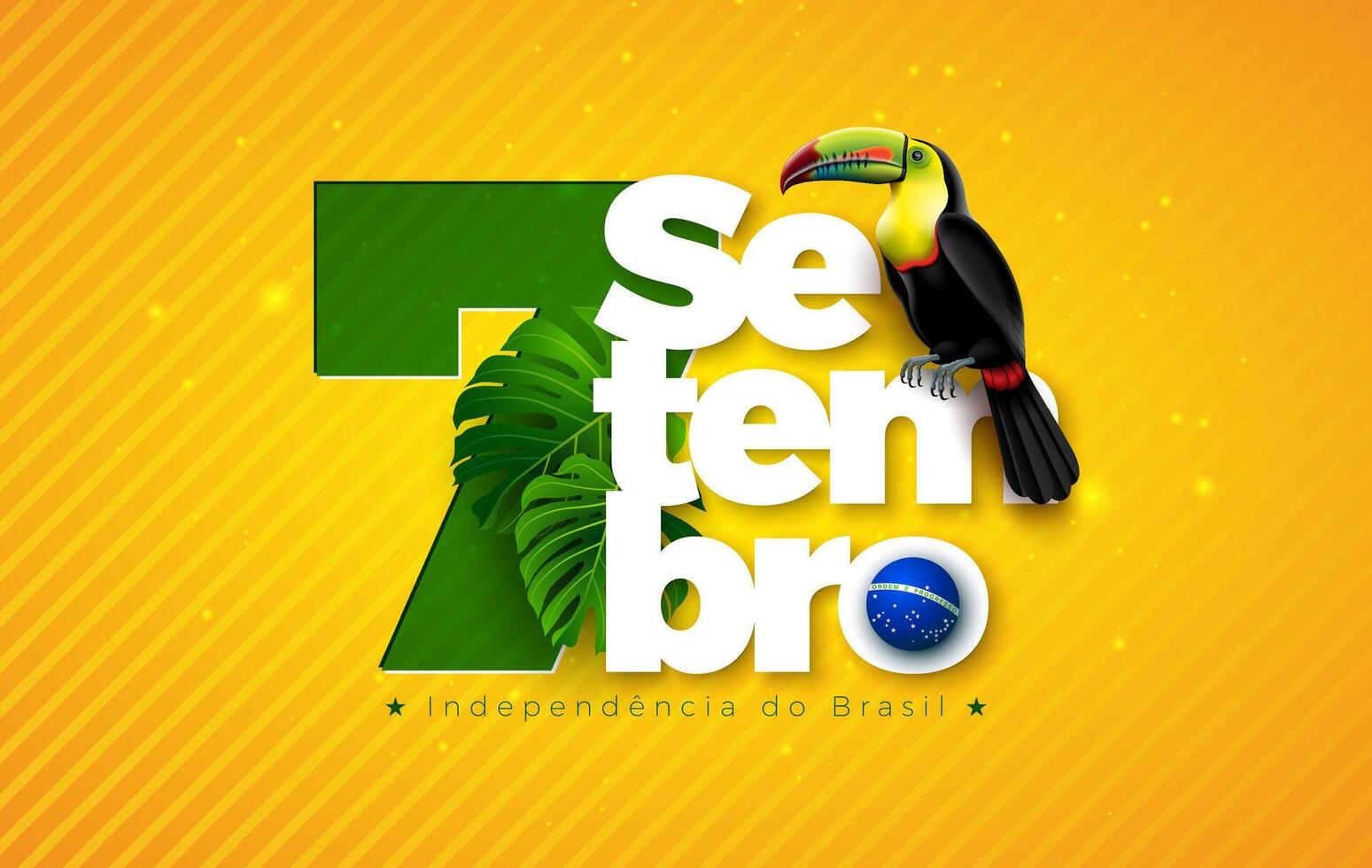 Brazil Independence Day Illustration with Tropical Leaves, Toucan Bird and Typography Lettering with Brazilian Flag Symbol on Yellow Background. 7th September National Celebration Design for vector
