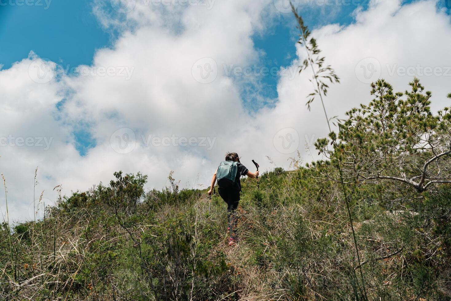 Hiker climbs the mountain surrounded by bushes with a nice blue sky with clouds. photo