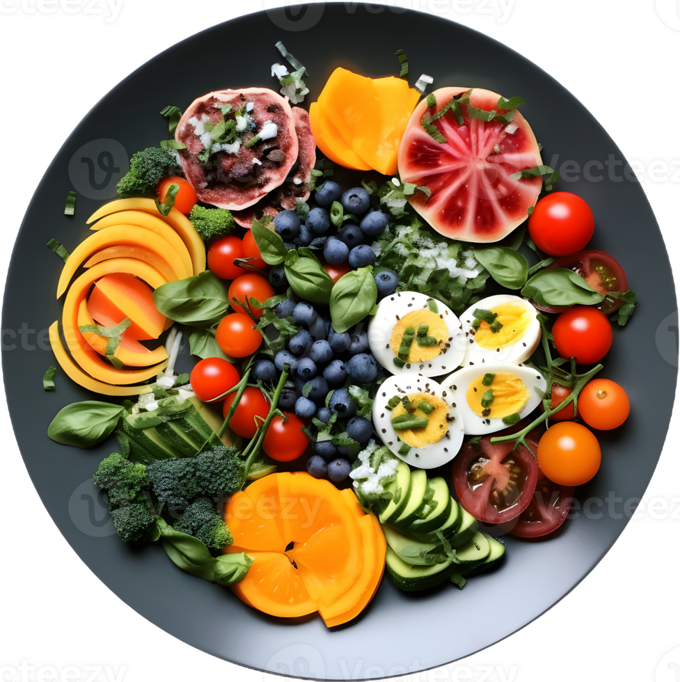 a plate of vegetables and fruit on a transparent background png
