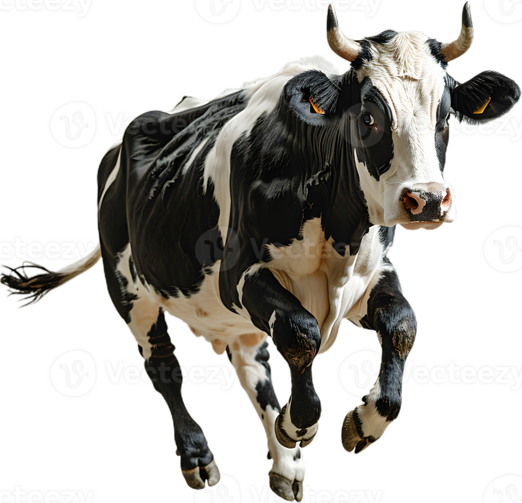 a black and white cow running on a transparent background png
