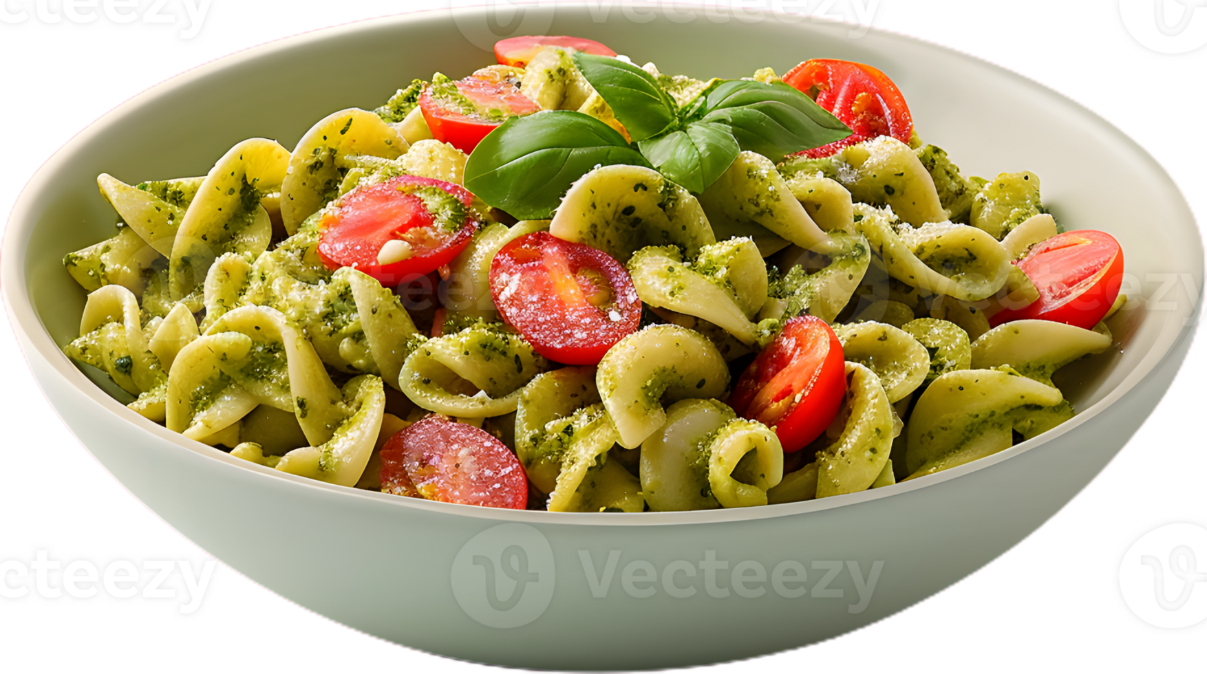 pasta with pesto sauce and tomatoes on a transparent background png