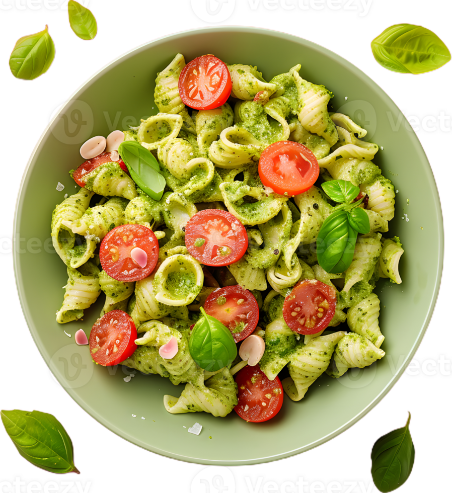 pasta with pesto sauce and tomatoes on a transparent background png
