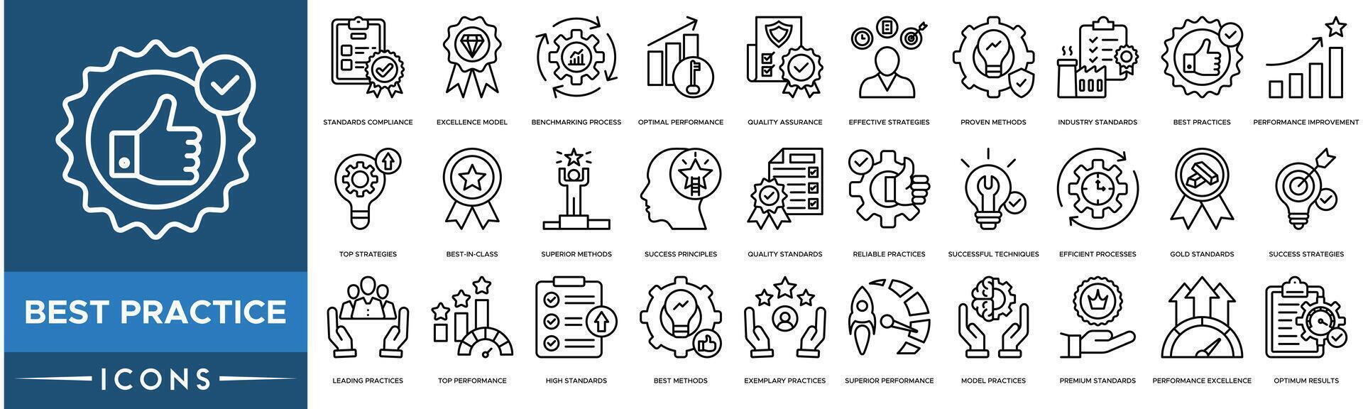 Best Practice icon. Standards Compliance, Excellence Model, Benchmarking Process, Optimal Performance, Quality Assurance, Effective Strategies and Proven Methods vector