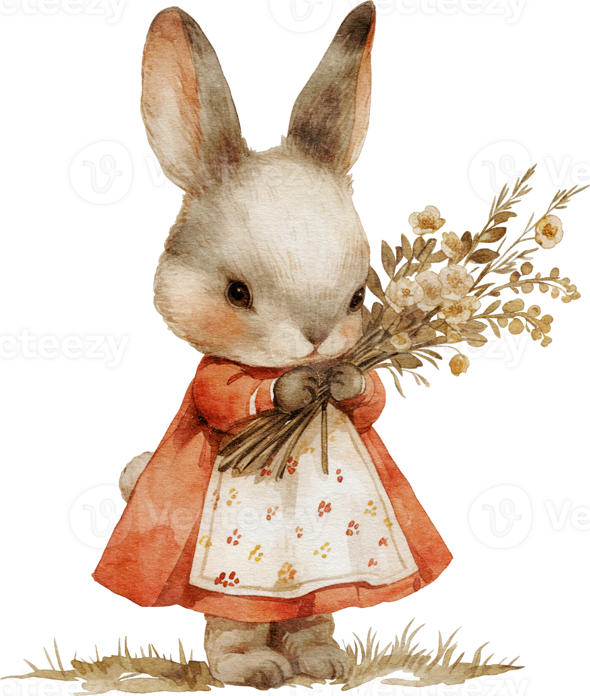 Watercolor vintage Easter bunny rabbit girl in dress holding bouquet with spring flower and willows. Illustration clip art element cut out on transparent background. png