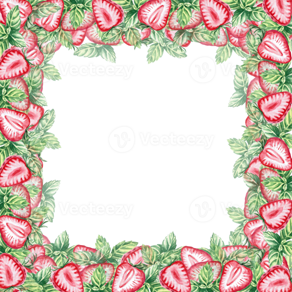 Strawberry and mint slices are framed in a watercolor illustration Hand drawn strawberries for cookbooks, lemonade, restaurant menu design, bar, cards png
