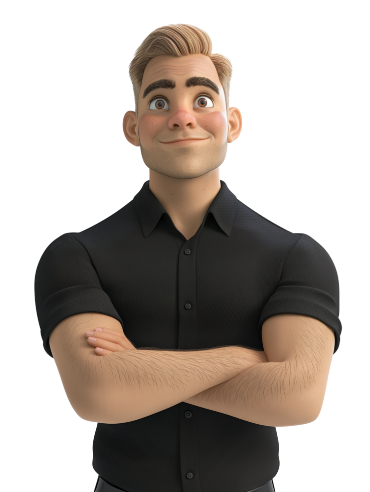 Smiling animated character with blonde hair, crossed arms, and wearing a black shirt, cartoon man character, Transparent Background png