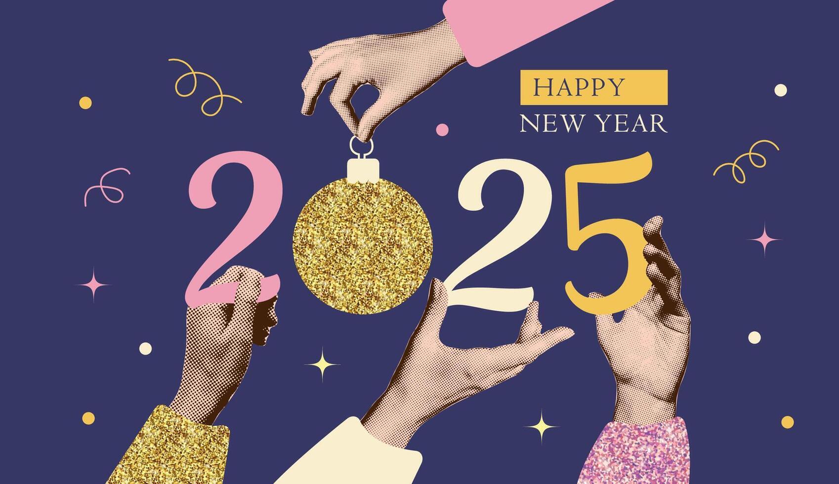 Halftone New Year collage template. 2025 Concept of winter holiday. Human hands holding numbers of the year, Christmas tree toy with glitter shine. illustration for greeting card, invitation vector