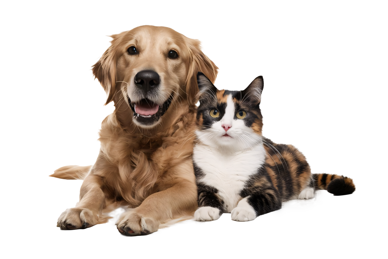 Portrait of happy and surprised dog and cat sit on the floor, looking at the camera together, isolated on transparent background png