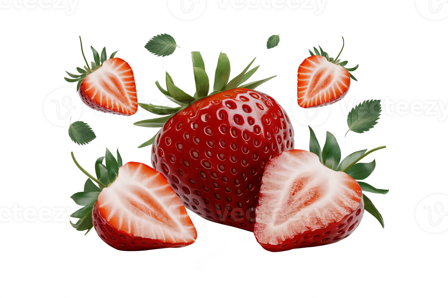 Strawberries with half slices and green leaves floating in the air, isolated on transparent background, Fresh organic Strawberry fruit png