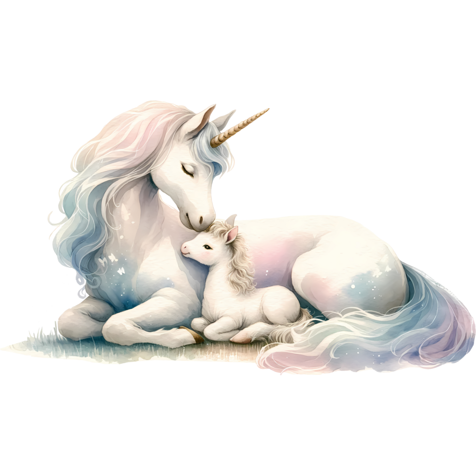Beautiful illustration of a mother and baby unicorn with pastel colors, floral elements, and a dreamy background. Perfect for fantasy themes. png