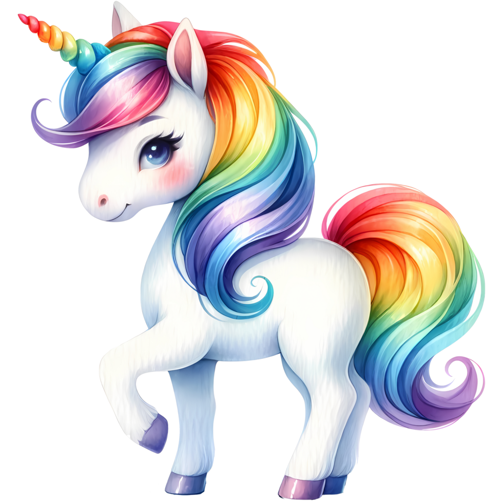 Colorful majestic unicorn illustration with vibrant rainbow mane and horn, perfect for fantasy, magic, and whimsical themed designs. png