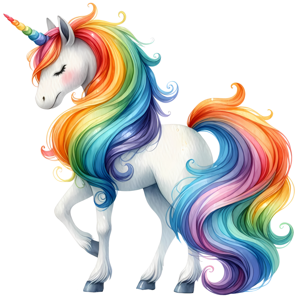Colorful majestic unicorn illustration with vibrant rainbow mane and horn, perfect for fantasy, magic, and whimsical themed designs. png