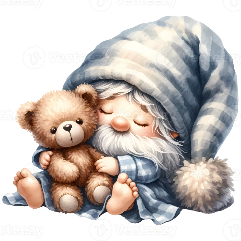 Cute gnome in a large hat hugging a teddy bear. Perfect for creating cozy and heartwarming designs or decorations. png