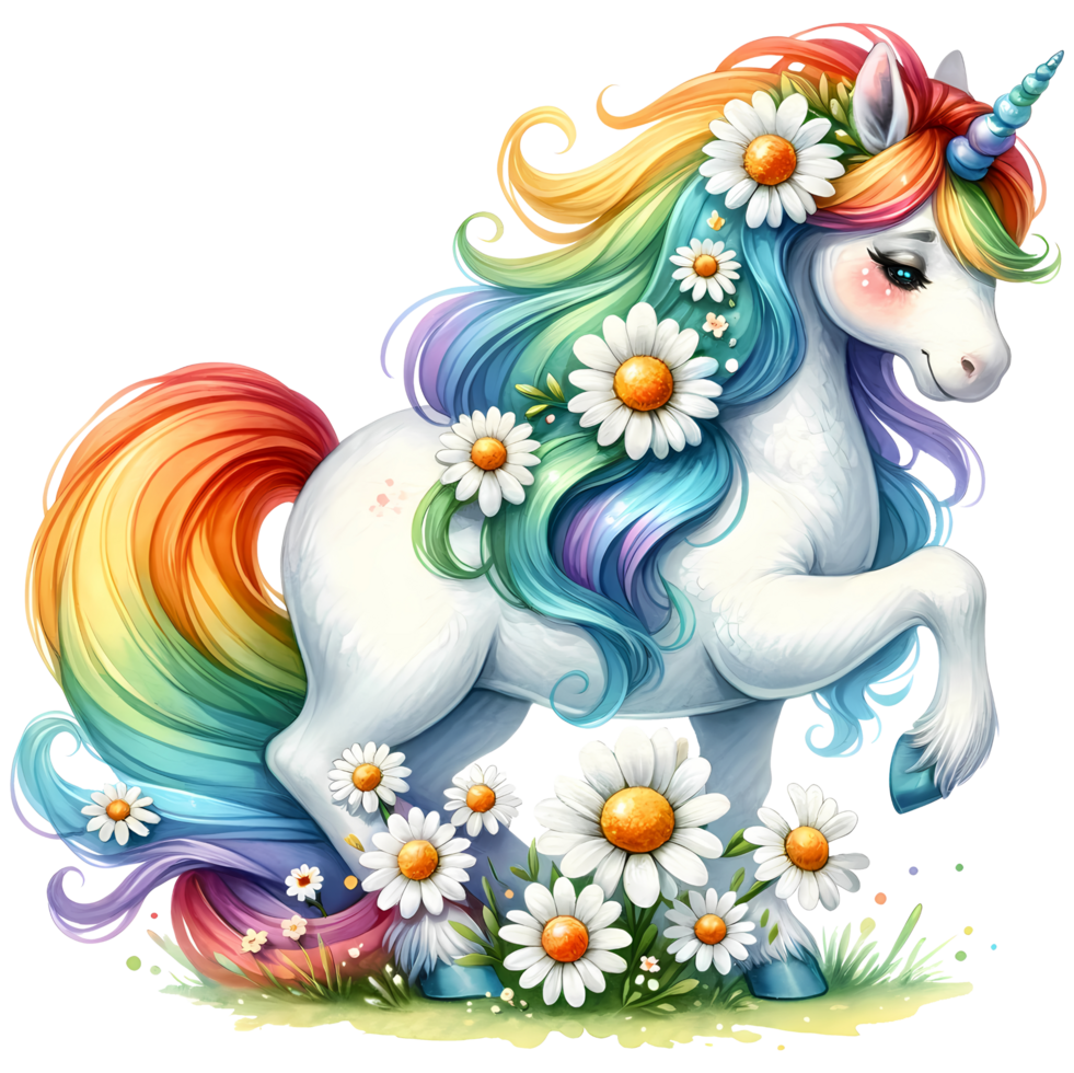 Colorful unicorn with a rainbow mane standing among vibrant flowers, capturing a whimsical and magical fantasy scene. png