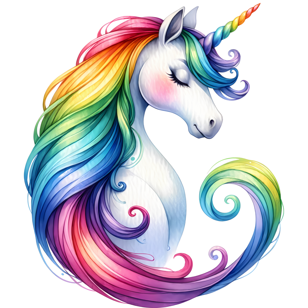 Colorful majestic unicorn illustration with vibrant rainbow mane and horn, perfect for fantasy, magic, and whimsical themed designs. png
