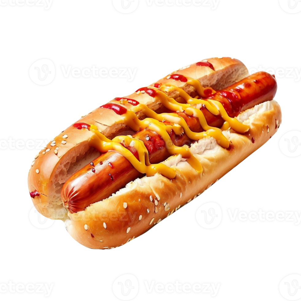 Quick snack in form of soft hot dog buns with sausage and mustard png