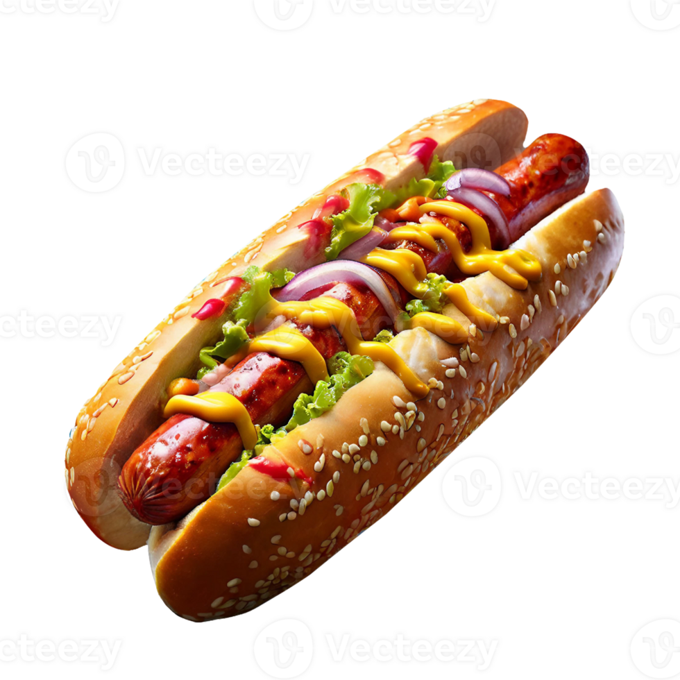Quick snack in form of soft hot dog buns with sausage and mustard png