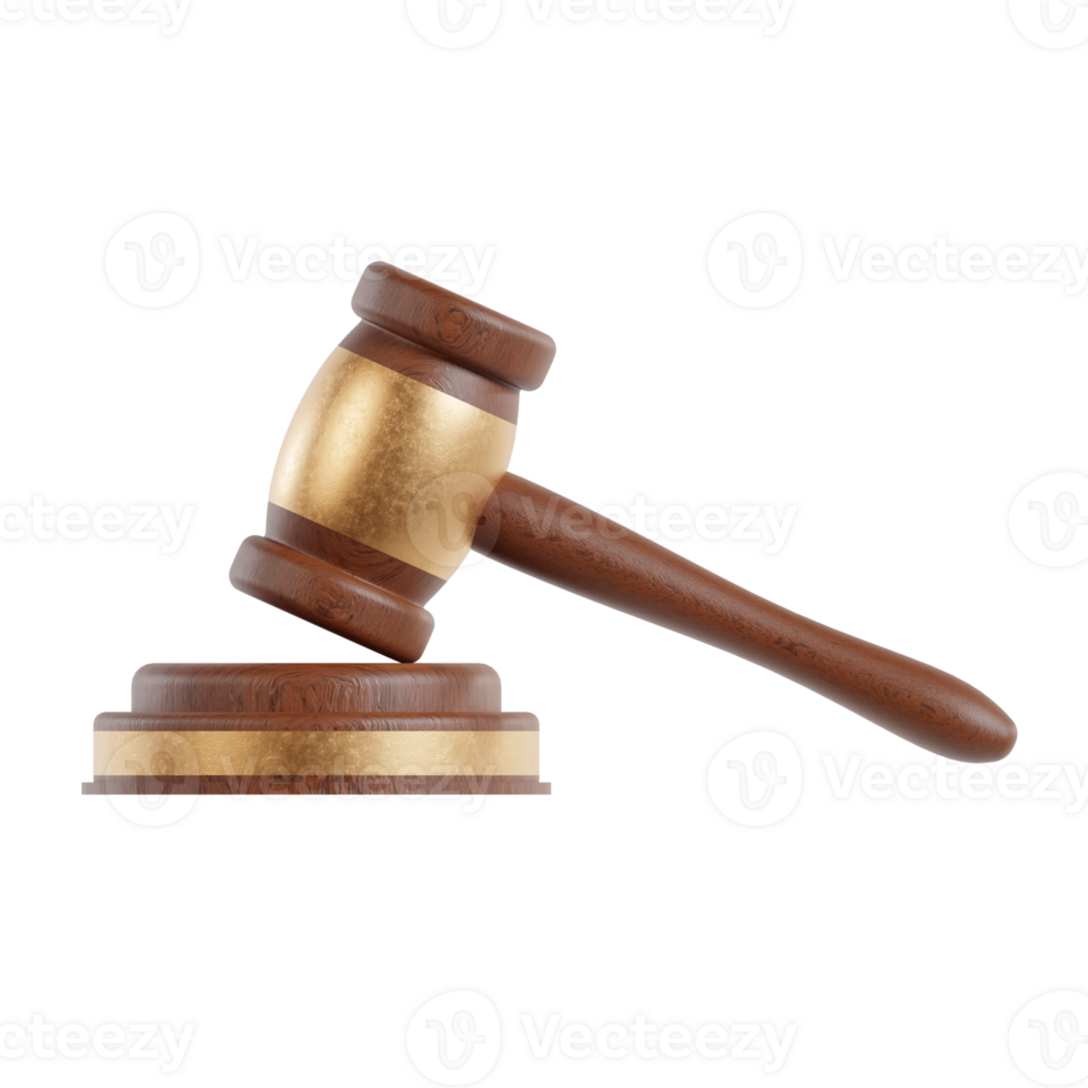 A wooden law gavel with golden on top 3d render illustration png