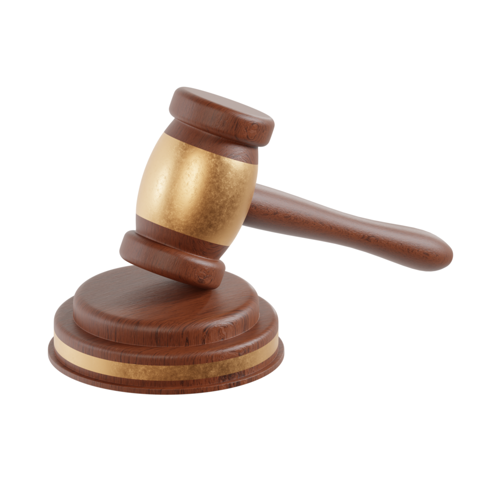 A wooden law gavel with golden on top 3d render illustration png