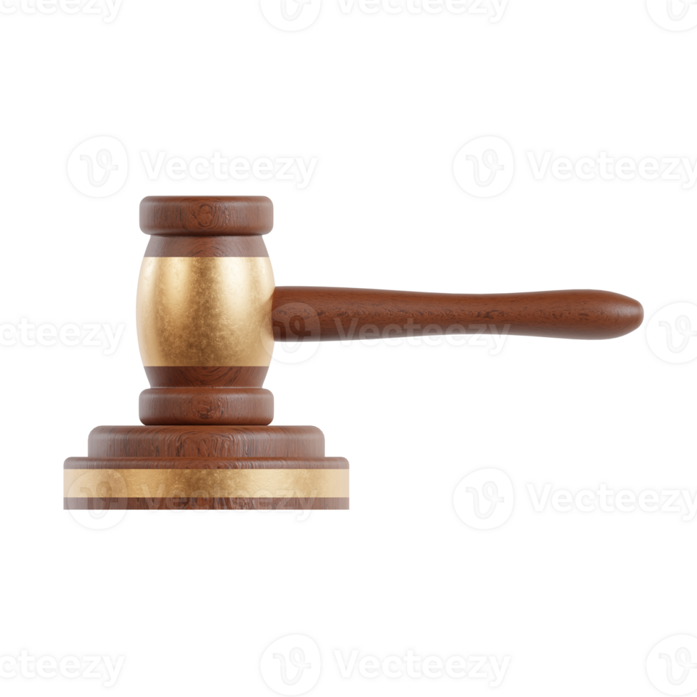A wooden law gavel with golden on top 3d render illustration png