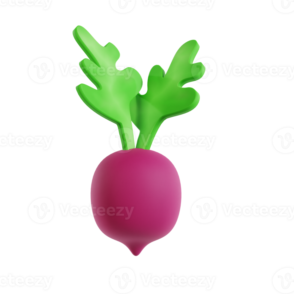 A purple radish with green leaves on it 3d render illustration png