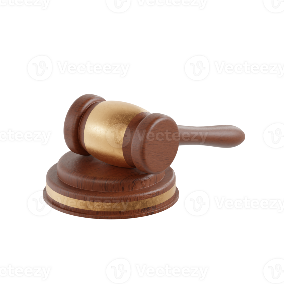 A wooden law gavel with golden on top 3d render illustration png